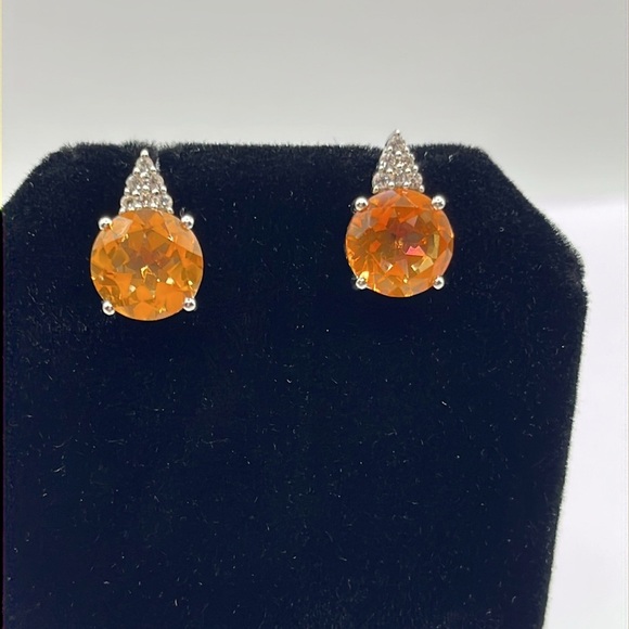 Earrings Orange Quartz Citrine Stud With Topaz Accent Stones Oversized  925 - Picture 2 of 10